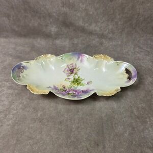 Antique RS Prussia Porcelain Celery Dish Relish Tray Floral Gold Gilt Scalloped
